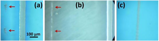 Interference fringes generated by glass substrate reflection may damage the TCO layer; reducing power can mitigate this issue.